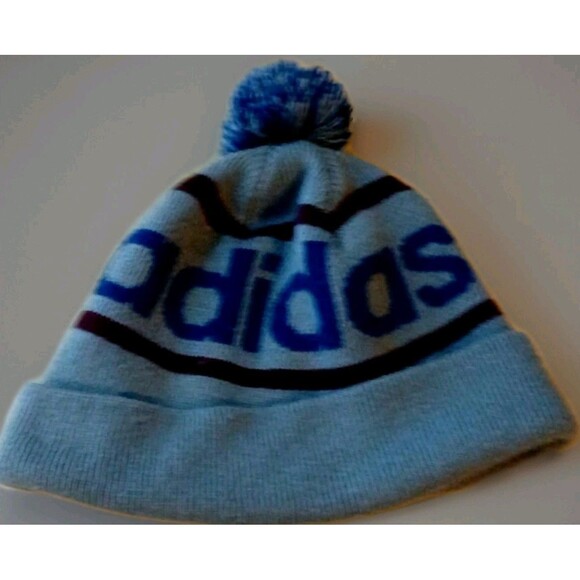 Adidas Pom Beanie Gray Blue Burgundy Knit Hat OS Y2K Streetwear Retro EUC - Picture 1 of 6